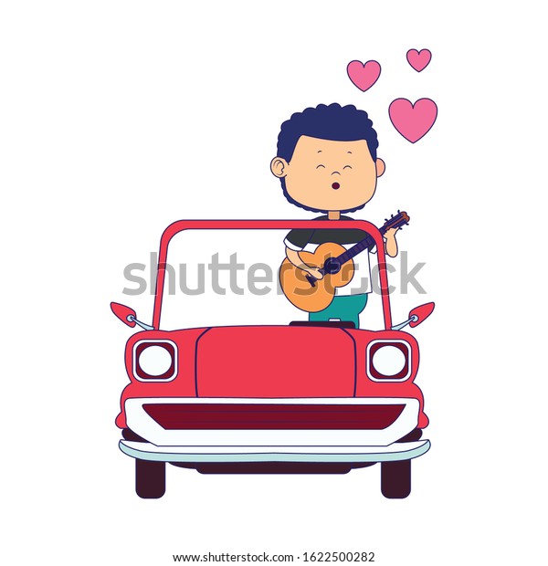 classic car with man singing over white\
background, colorful design, vector\
illustration