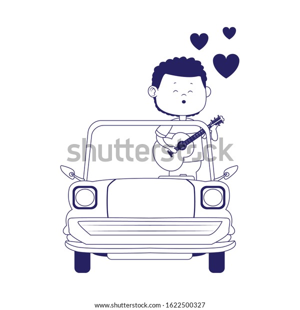 classic car with man singing over white\
background, flat design, vector\
illustration