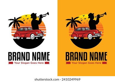 classic car on the beach with jazz music illustration vector logo design