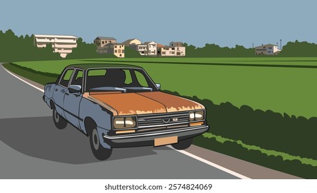 Classic Car on The Country road, vector illustration with green paddy seed at the background.