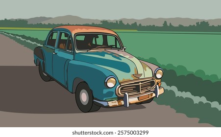 Classic car on the country road, vector illustration for design elements.