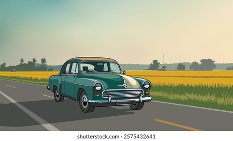 Classic car on the country road, vector illustration.