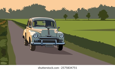 Classic Car on the Country Road. Vector illustration for design elements.