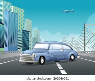 Classic car on the highway with city view