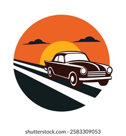 Classic car on highway sillhouette on retro striped vintage background vector art illustration