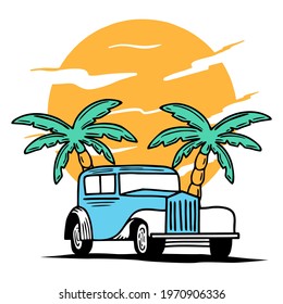 Classic Car palm tree moon illustration shirt design