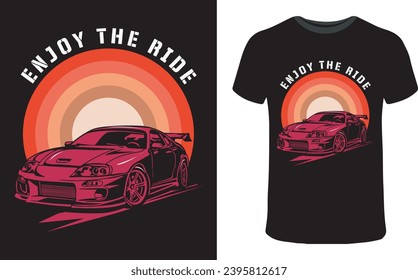 Classic Car palm tree moon illustration shirt design, Vintage car. Sunset beach. Illustration tee print design, Vector classic car on the summer beach