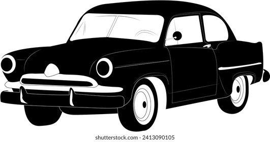 Un coche clásico. Un coche retro. Diseño para tarjetas de felicitación, afiches, parches, huellas de ropa, emblemas, tatuajes. Un coche retro con fondo blanco.