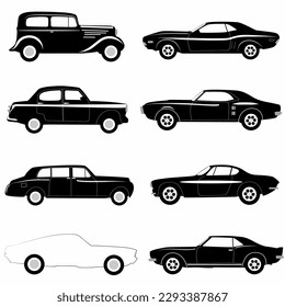 classic car side silhouette set, retro, white background