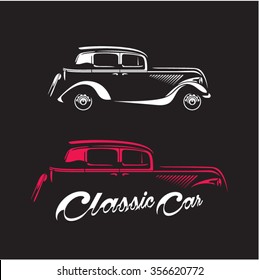 Classic Car Silhouette Isolated On Black Background, Vintage Car Vector 