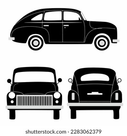 Classic car silhouette on white background. Vehicle icon set view from side, front, back