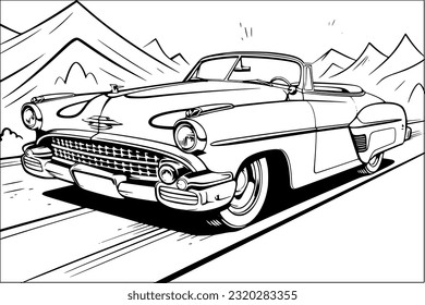 Esbozo clásico del coche: Diseño retro vintage en blanco y negro.Página de coloreado de coches vintage para adultos y niños.