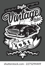 classic car t-shirt design vector in black and white