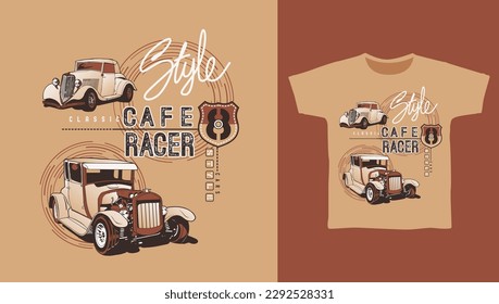 classic car with typography background, t-shirt design vector illustration