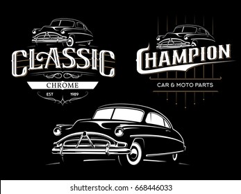 Classic car typography emblems on black background. T-shirt print design.