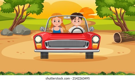 Classic car for a vacation roadtrip concept illustration