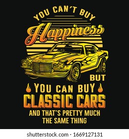 Classic car vector design template for t-shirt and poster. Hot rod retro muscle car design with quote.