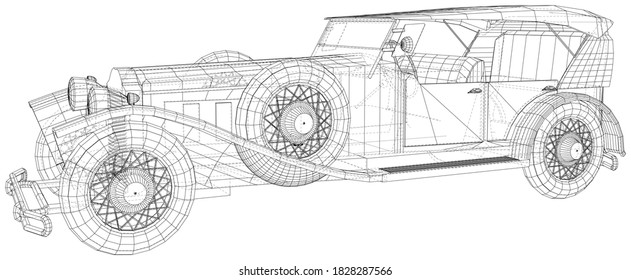 Classic car vector. Retro car Wire-frame line isolated. Vector rendering of 3d.