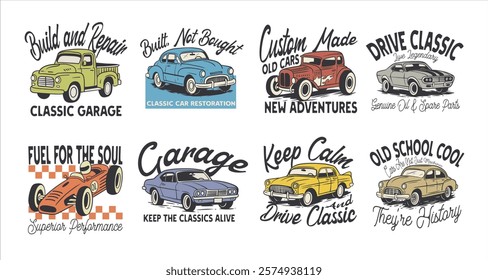 Classic car vector set graphic t-shirt design. Vintage car illustration for merch design, for print on demand. Car design for community and poster. Retro design for driver