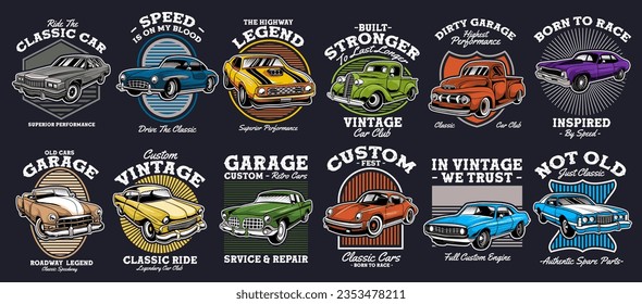 Paquete de diseños de camisetas con vectores de coches clásicos, Diseño de coches de músculo vintage para ropa y ropa, Colección de automóviles antiguos personalizados de la vieja escuela auténtica para la comunidad