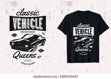 Classic car vehicle t-shirt design vector. vintage car New York City legend. queens custom car t shirt. black and white print template.