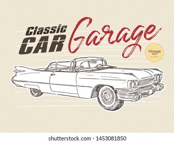 Classic car, vintage style. hand draw sketch vector.