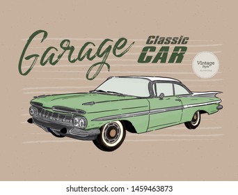 Classic car, vintage style. hand draw sketch vector.