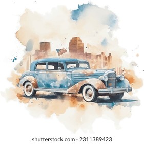 Classic car, watercolour on white background
