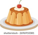 A classic caramel custard pudding served on a white plate, adorned with whipped cream and a bright red cherry on top.