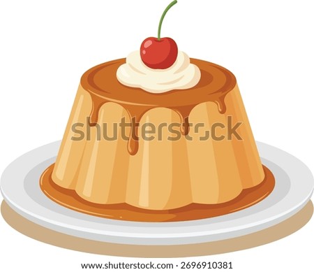 A classic caramel custard pudding served on a white plate, adorned with whipped cream and a bright red cherry on top.