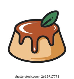 Classic caramel flan topped with a fresh green leaf