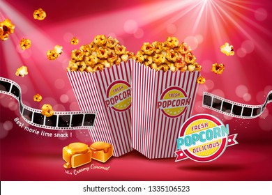 Classic caramel popcorn ads with film roll on bokeh red background, 3d illustration