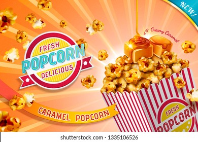 Classic caramel popcorn ads in striped paper container, 3d illustration