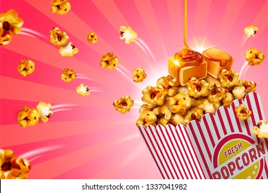 Classic caramel popcorn ads in striped paper container, 3d illustration