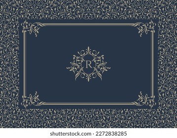 Classic card template. Lace background with rectangular frame and oval monogram frame. Ornamental floral pattern.