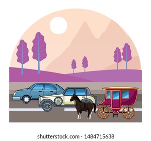 Classic cars and antique horse carriage, vintage and retro vehicles riding on highway landscape background vector illustration graphic design.