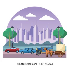 Classic cars and antique horse carriage, vintage and retro vehicles riding in the city urban background vector illustration graphic design.