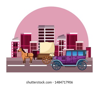 Classic cars and antique horse carriage, vintage and retro vehicles riding in the city urban background vector illustration graphic design.