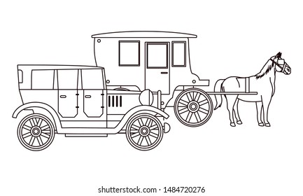 Classic cars and antique horse carriage, vintage and retro vehicles in black and white vector illustration graphic design.
