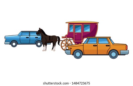 Classic cars and antique horse carriage, vintage and retro vehicles vector illustration graphic design.