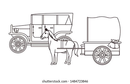 Classic cars and antique horse carriage, vintage and retro vehicles in black and white vector illustration graphic design.