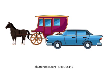 Classic cars and antique horse carriage, vintage and retro vehicles vector illustration graphic design.