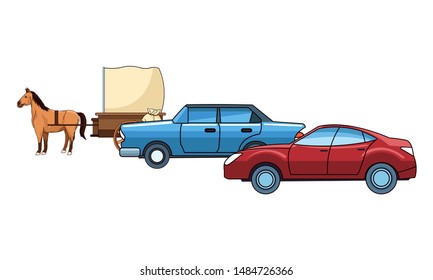 Classic cars and antique horse carriage, vintage and retro vehicles vector illustration graphic design.