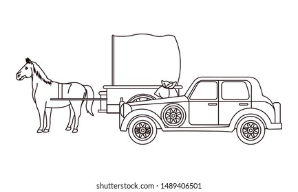 Classic cars and antique horse carriage, vintage and retro vehicles in black and white vector illustration graphic design.