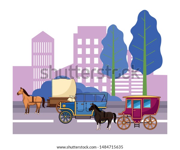 Classic cars and antique horse carriage, vintage\
and retro vehicles riding in the city urban background vector\
illustration graphic\
design.