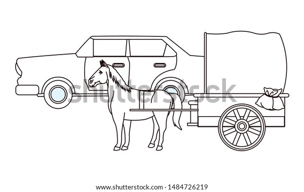 Classic cars and antique horse carriage, vintage\
and retro vehicles in black and white vector illustration graphic\
design.