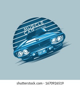 Classic cars design vector illustrations. Vintage blue muscle car