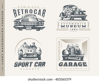 Classic cars logo illustrations on light background. Set