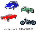 Classic cars and motorcycle. Retro garage. 