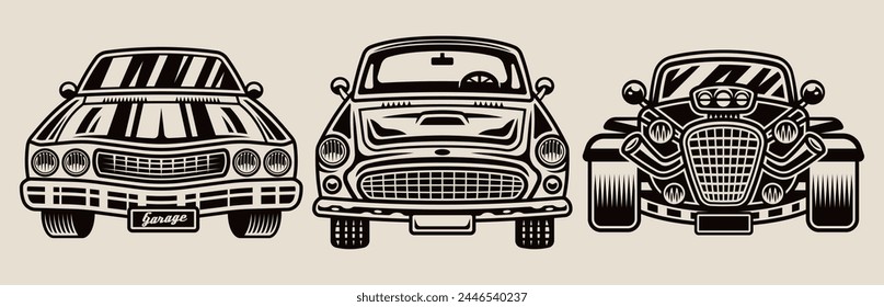 Conjunto de coches clásicos de tres ilustraciones de vista frontal de Vector en estilo monocromo vintage 